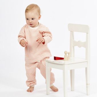 Baby Shirt, Modell TIAM, Pfirsichorange-weiß geringelt, Vorderansicht