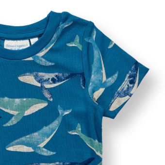Kinder Pyjama, Modell KAFKA, Großer Wal-Druck auf ozeanblau, Komplett