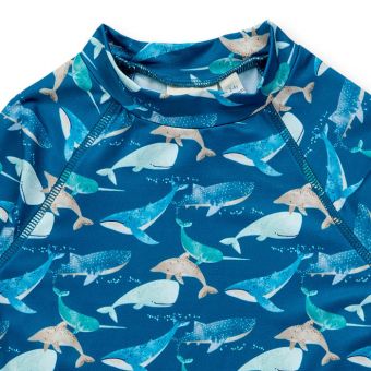 Baby swim-shirt, Model PALIN, Big whales print on ocean blue, Front part