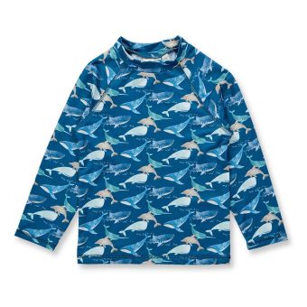 Children’s swim-shirt, Model PALIN, Big whales print on ocean blue, Front part
