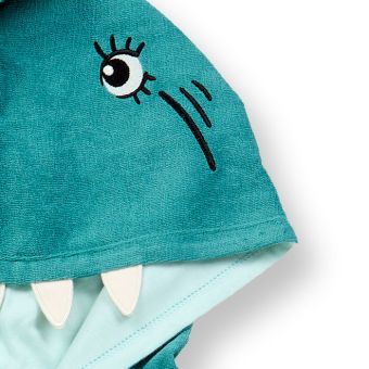 Children’s bath poncho, Model ALVI, Ocean blue-white stripes with shark, Front part