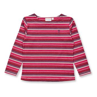 Mädchen Langarmshirt, Modell ALUNA, Mehrfarbige rote Ringel mit Blume, Vorderansicht