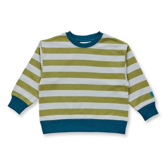 Kinder Sweatshirt, Modell DARI, Olivgrün-eisgrau geringelt mit Fuchs, Vorderansicht