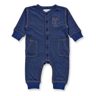 Baby romper, Model VALIKOO, Dark denim blue with "Smile", Front part