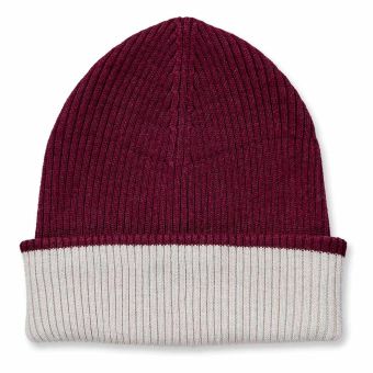 Kinder Strickmütze, Modell MOKO, Bordeauxrot Melange und Creme Melange, Vorderansicht