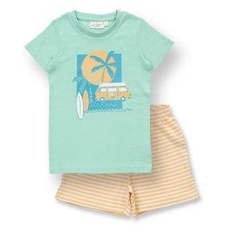 Kinder Pyjama, Modell KAFKA, Retro-Bus-Druck auf Mintgrün / Geringelt, Komplett
