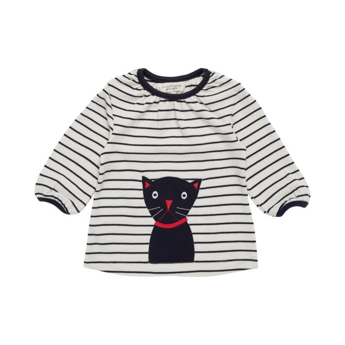 Baby Girl's T-Shirt long sleeves with navy stripes and cat motif, Selly