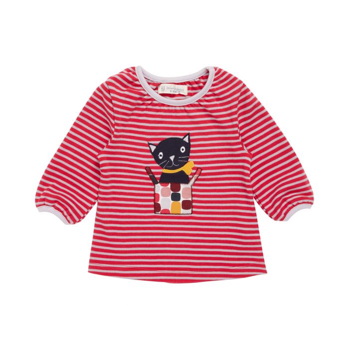 Girl's T-Shirt long sleeves with pink stripes and cat motif, Selly