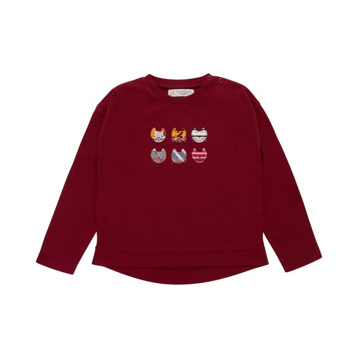 Baby Girl's T-Shirt long sleeves in bordeaux with cat motif, Shanthi