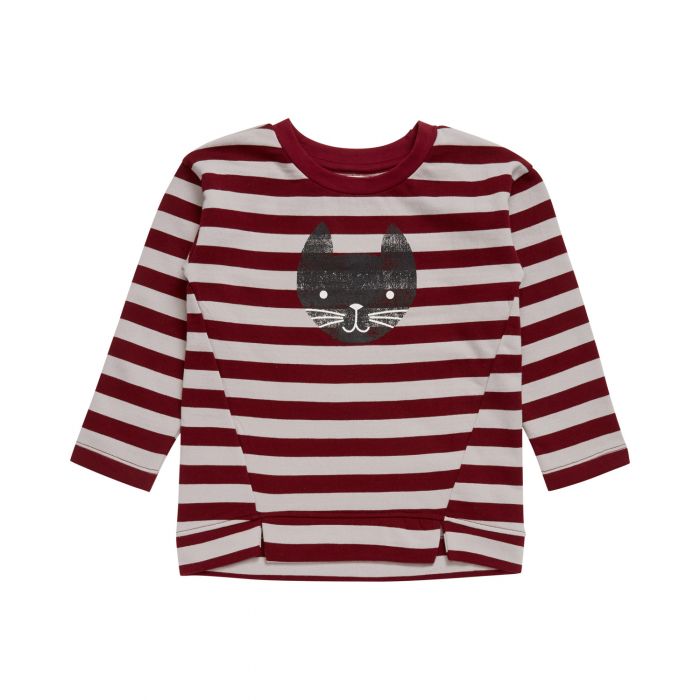 Mädchen Sweatshirt bordeaux-grau geringelt mit Katzendruck, Dennise