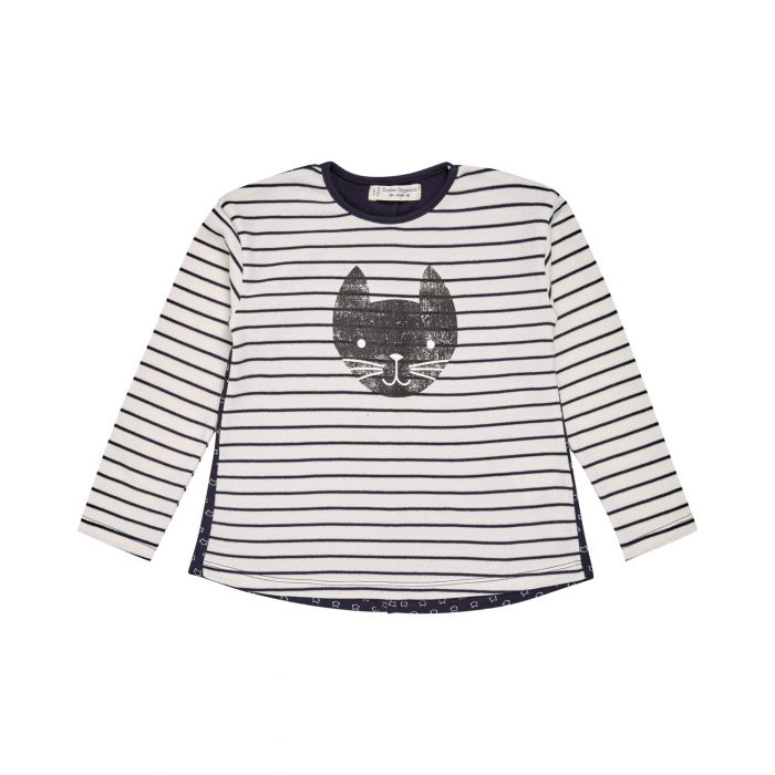 Girl's T-Shirt long sleeves with navy stripes and cat print, Mona