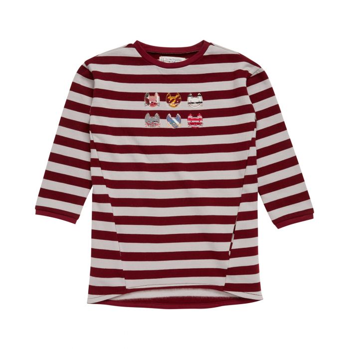 Girl's Sweat Dress with bordeaux-grey stripes and cat motif, Nelly