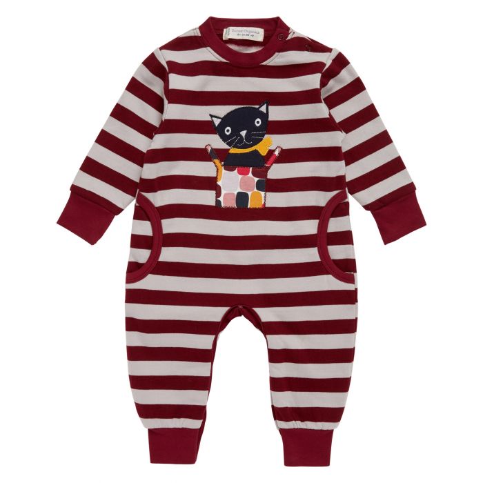 Baby Girl's Sweat Romper with bordeaux-grey stripes and cat motif, Strindberg
