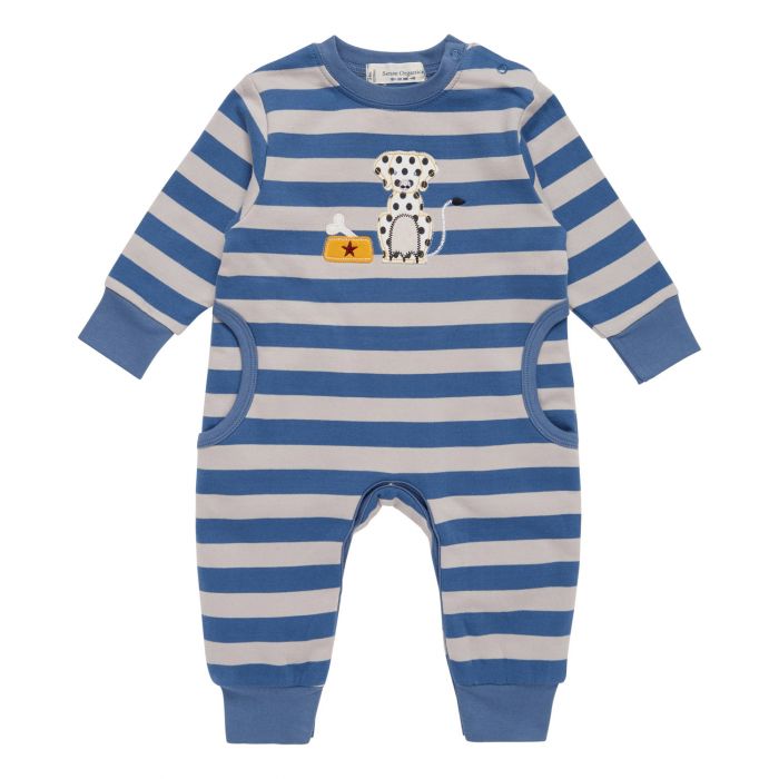 Baby Boy's Sweat Romper with blue-grey stripes and dog motif, Strindberg