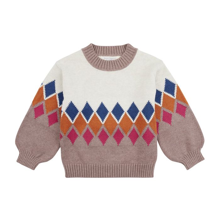 Knit Sweater for girls DELIA, Top of sweater: natural white, lower part rosewood with a diamond pattern
