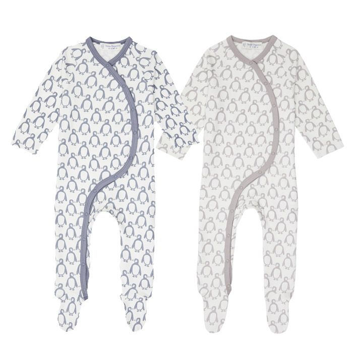 Valo Baby Wrap Growsuit, Penguin print in stone blue or taupe

