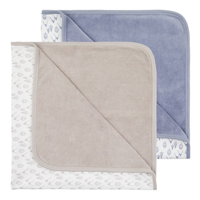 Baby Blanket Velour, Sita, One side velour in stone blue or taupe Other side in an all over mountain print


