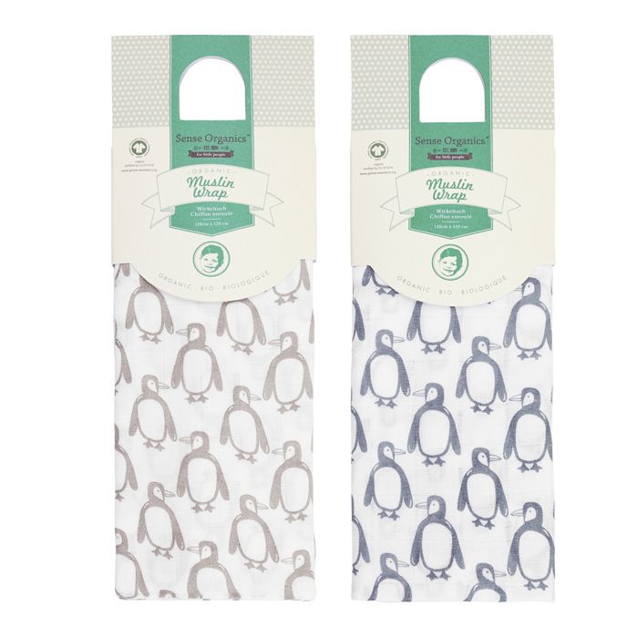 Large Muslin Blanket Penguin Vita with Penguin print in two colours: stone blue or taupe

