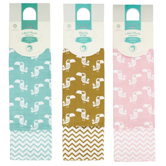 Bios Muslin Cloths 2-Pack Toucan and Zigzag all
