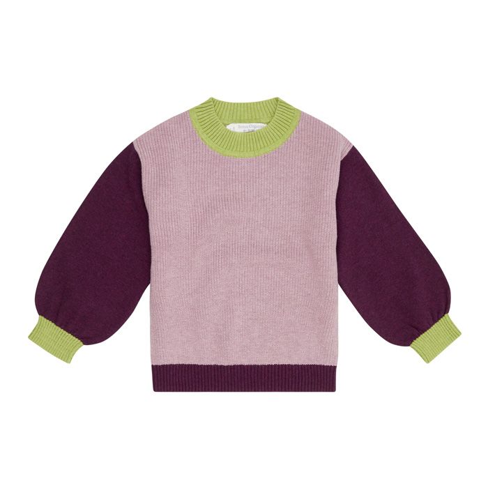 Girls Organic Knitted Sweater / DELIA / smoke rose + aubergine / front part