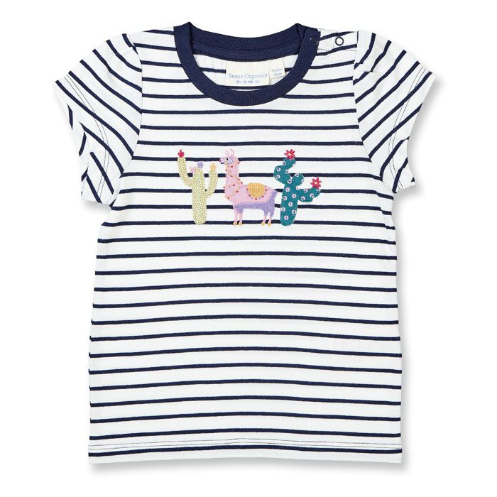Baby T-Shirt / GADA / dunkelblau geringelt + Lama / Vorderteil
