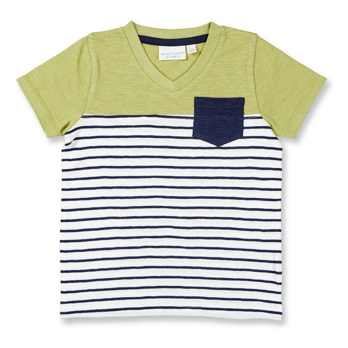 Kinder T-Shirt / SALVO / Kiwi grün + dunkelblau geringelt / Vorderteil
